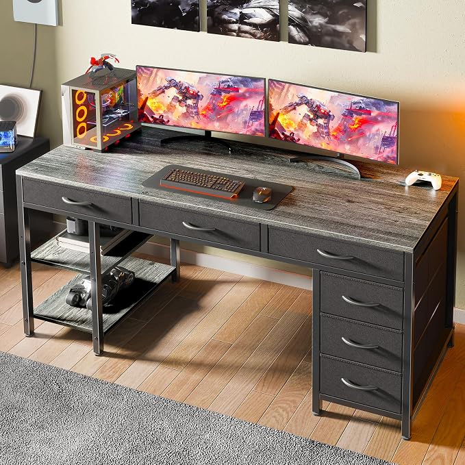Huuger Computer Desk with 6 Drawers, Office Desk with Shelves, Reversible Gaming Desk, Corner Desk with Storage, Work for Home Office, Study, Living Room, 54inch, Grey