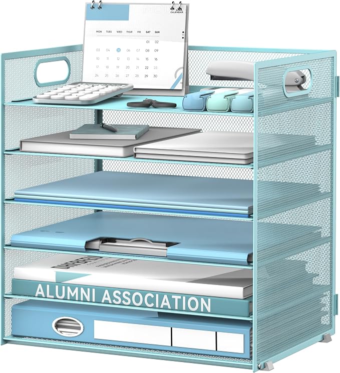 Daltack 6-Tier Paper Organizer for Desk with Handle, Blue | Sturdy Metal Mesh Organizer with Movable Middle Trays and a Carry Handle for Papers, Folders and Office Supplies