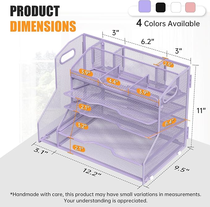 YINGHUA 5-Tier Mesh Desk Organizer and File Holder, Letter Tray - Purple | Sturdy steel mesh with 3 sliding trays, 2 handles, 6 adjustable top sections. U-shaped design for easy access to office files