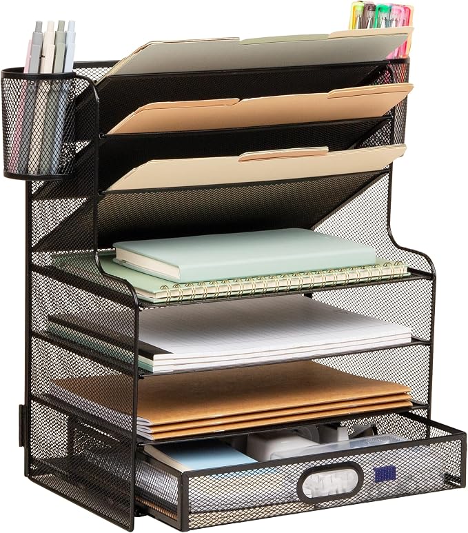 Mind Reader Mesh Desk Organizer, 6 Compartments, 1 Drawer, 2 Pen Cups, Office Desktop Organizer, Metal Mesh, Black
