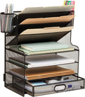 Mind Reader Mesh Desk Organizer, 6 Compartments, 1 Drawer, 2 Pen Cups, Office Desktop Organizer, Metal Mesh, Black
