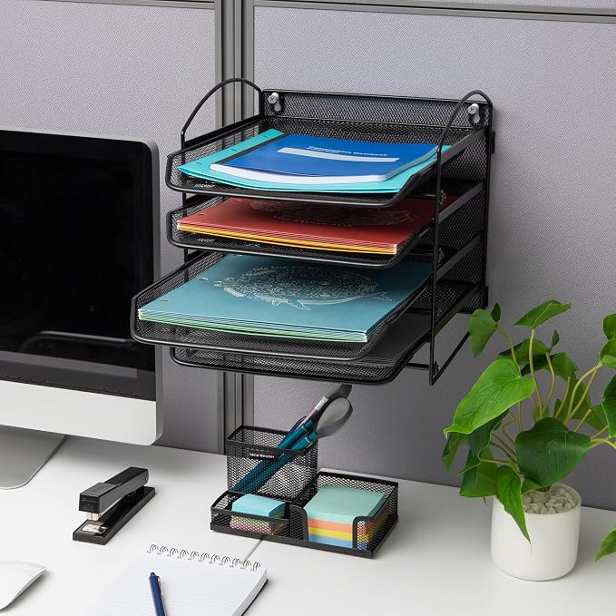 Mind Reader 4-Tier Paper Tray, File Storage, Desktop Organizer, Wall Mountable, File Organization, Metal Mesh, Black