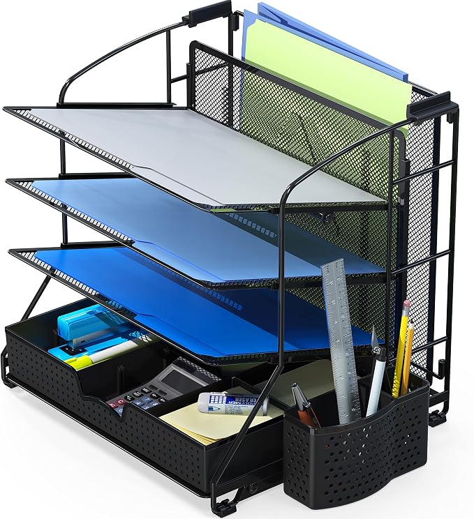 Simple Houseware Desktop Document Tray Organizer with Sliding Drawer, Black | Includes Pen Bucket & Hanging File Section
