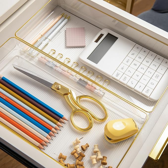 Martha Stewart Kerry Stackable Desk Drawer Organizers, Clear/Gold, 3-Pack | 12x6 in Organizers, Gold Trim, Stackable