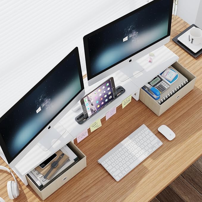 39 Inch Dual Monitor Stand Riser with 2 Drawers - Large White Wooden Computer Stand for 2 Monitors, Ergonomic Desk Organizer with Phone Holder, Desktop Storage for Laptop, Office Supplies, Home Office