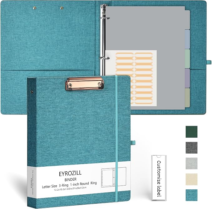 EYROZILL 3 Ring Binder, 1 Inch Linen Binder Organizer for Letter Size (8.5" x 11") with 5 Tab Dividers, File Folder Labels and Low Profile Clipboards, School and Office Supplies-Aqua Blue
