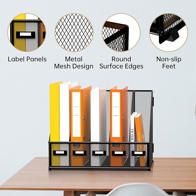 DALTACK 5-Slot Magazine File Holder, Metal Binder Holder, Black | Iron Mesh Construction, Labeled Sections for Easy Sorting, Anti-Slip Feet, Binder and Folder Storage for Office, Classroom