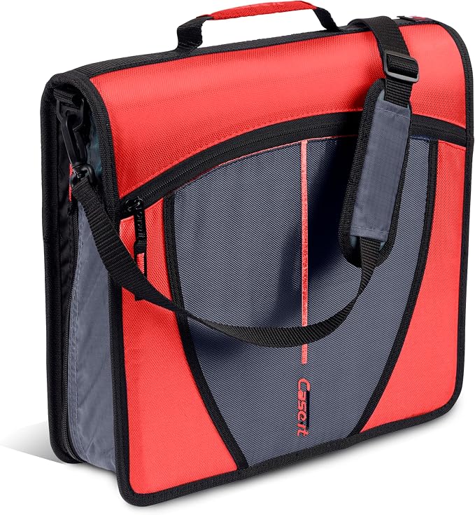 Case-it School Zipper Binder | 3-Inch O-Rings | 600-Sheet | D-146 Coral | Mighty Zip Tab, 5-Color Tab Expanding File Folder, Multiple Pockets, Shoulder Strap, Office