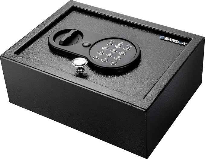 Barska Top Opening Keypad Safe – Compact Digital Security Box for Home or Office, Solid Steel, Anti-Pry Hinges, Jewelry & Valuables- drawer safe - top open drawer - in wall mounting, Hidden safes