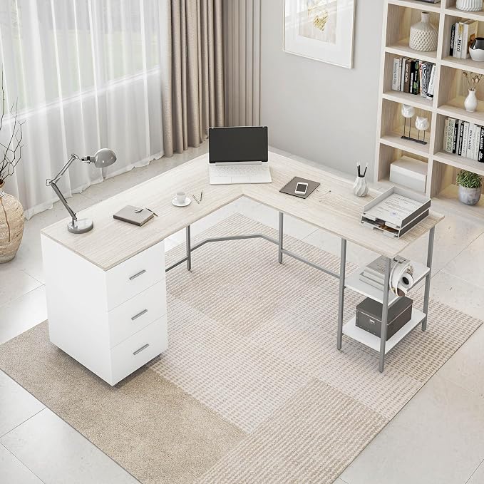 Techni Mobili 59" Two-Tone L‑Shaped Office Desk with Storage Shelves, Sand | 59" two‑tone L‑shaped desk with storage shelves, durable frame, modern corner workstation, spacious home office writing space
