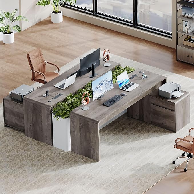 78" L-Shaped Executive Desk with Mobile File Cabinet, Grey Oak | Mid-Century L-Desk with Mobile File Cabinet, Drawers & Power Hub (4AC+2USB) Waterfall Edge. Large Workspace for Home Office