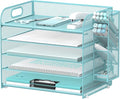 5-Tier Paper Organizer for Desk with Pen Holders, Letter Trays, Blue | Metal Mesh Desktop File Organizer with Removable Trays and 2 Handles for Paper, Files, Mail, Folders in Office Home or School