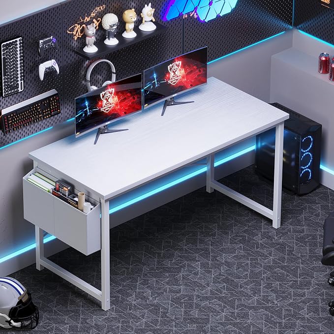 OLIXIS Computer Desk, 55 Inch Gaming Desks for Home Office Small Spaces | Writing Study Craft Work Table, Computer Workstation for Bedroom with Storage Bag, All White