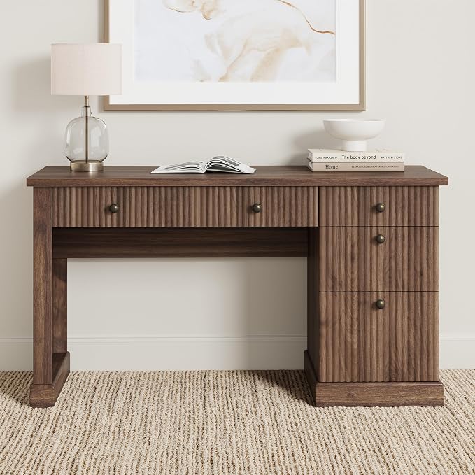 Garvee Fluted Home Office Desk Storage with File Drawers for Home Office | 54" Modern Executive Desk with Charging Station, Wooden Computer Writing Desk for, Study Room, Brown