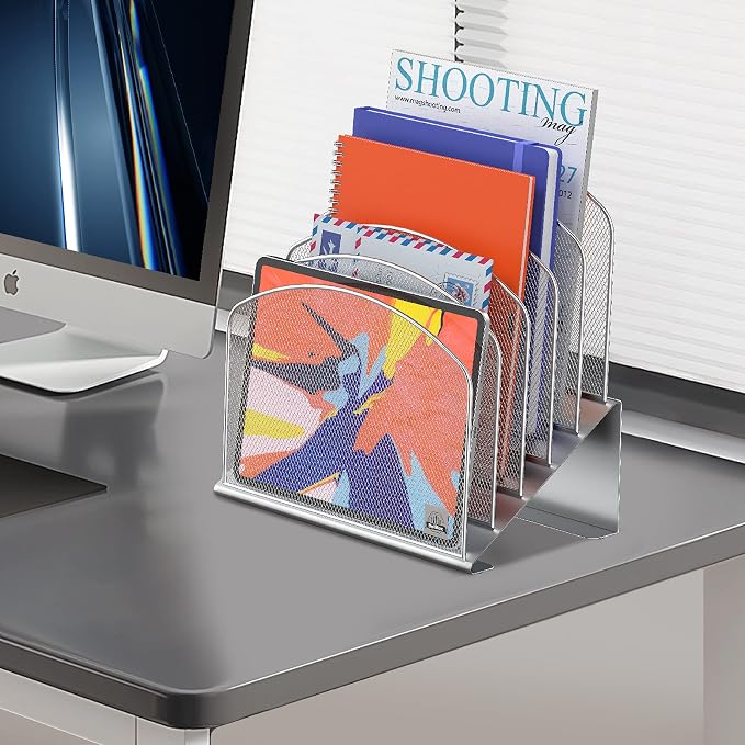 Delifox Inclined Desk File Organizer,Vertical File Folder Holder Stand Metal Rack File Sorter for Office Classroom Desktop Organization (1, Silver, 5)