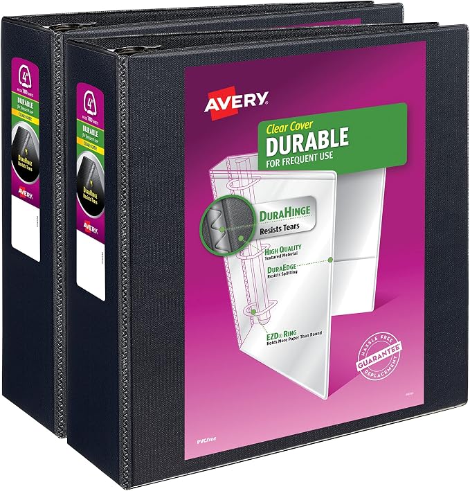 Avery Durable Clear View 3 Ring Binders, 4 Inch Binder Rings, 2 Black Binders (09204)