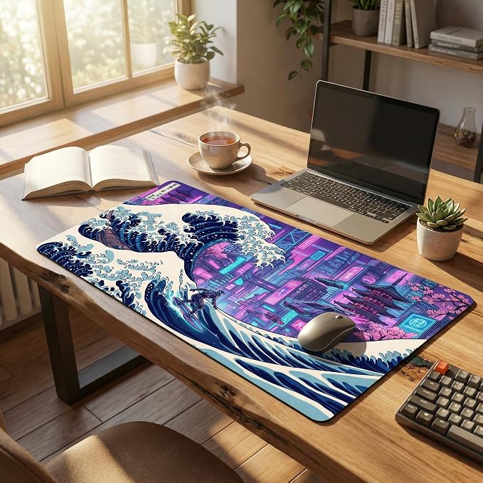 XXL Gaming Mouse Pad 31.5x15.7 Inch,Cyberpunk Neon Japanese Wave Desk Mat | Cyberpunk Japanese Wave Art Extended Mousepad with Water-Resistant Non-Slip Rubber Base,Large Desk Pad for Gaming,Office
