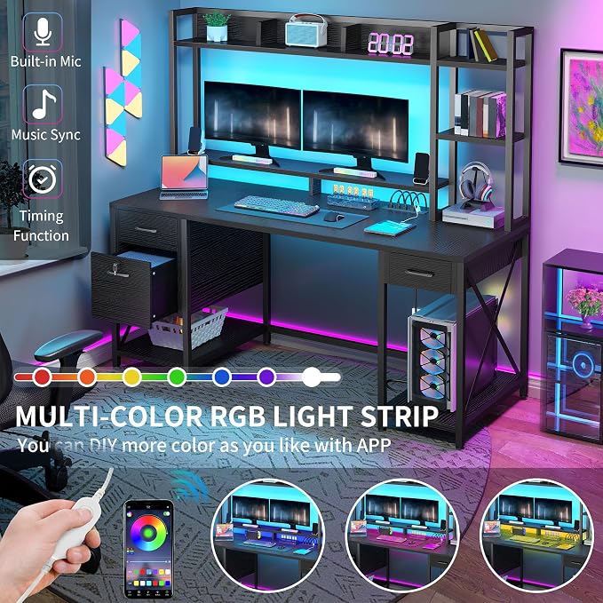 YITAHOME Computer Desk with Drawers & Hutch, 59.1" Office Desk with LED Lights & Power Outlets, Gaming Desk with Monitor Stand & Storage Shelves, Black