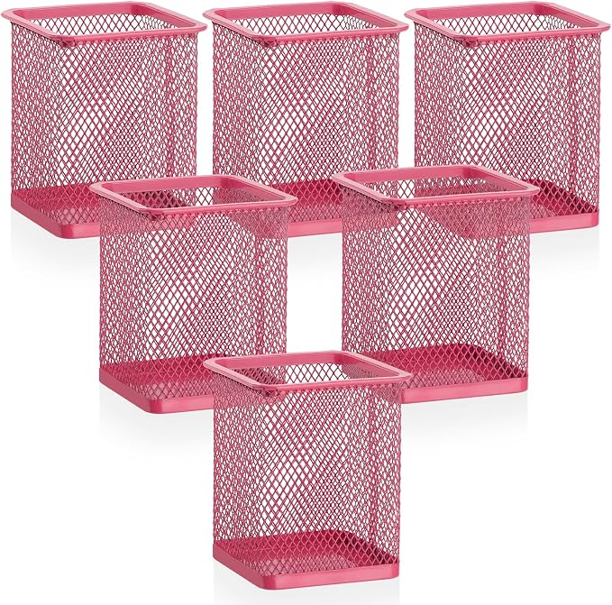 Segarty Pen Cup, 6 Pack Square Dark Pink Pen Holder for Desk, Multifuntional Mesh Pencil Cups Containers for Marker, Office Supplies, School Students, Home, Desktop Accessories Storage Organizer