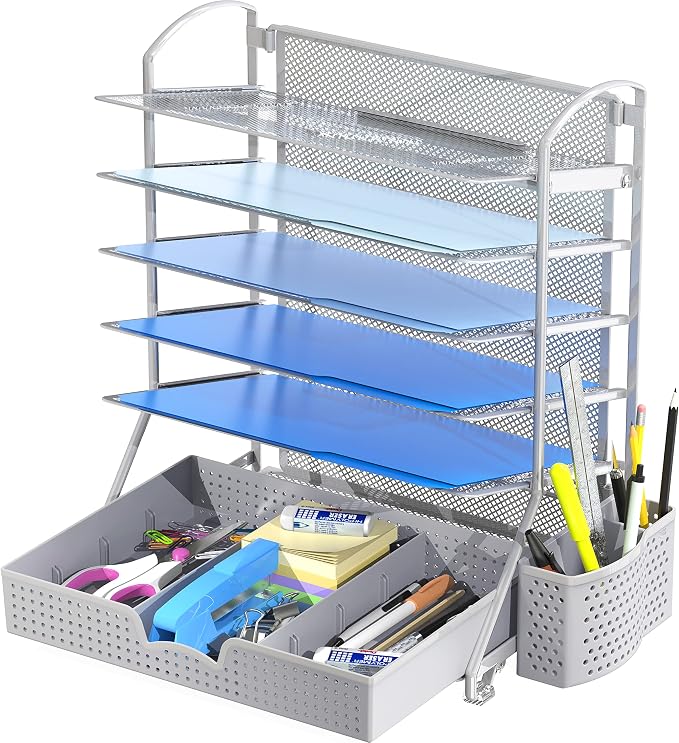 Simple Houseware 6-Tier Desk File Organizer w/Drawer & Pen Holder, Silver | 5 Tilted Letter Trays for A4 Paper, Mail and Documents