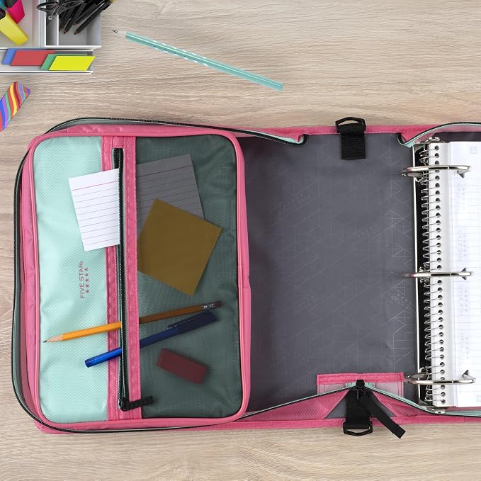 Five Star Zipper Binder, 3-Inch D-Ring Case Binder, 850-Sheet Capacity, Multiple Pockets, Front 5-Tab Expanding File, Removable Padded Case and Shoulder Strap, Taffy Twist (292960L)