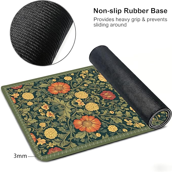 Cute Floral Aesthetic Daisy Gaming Mouse Pad, Dark Green Rug Desk Mat with Anti-Slip Base & Stitched Edges,35.4" x 15.7" in Desk Accessories for Women, Home Office Decor & Artistic Gift