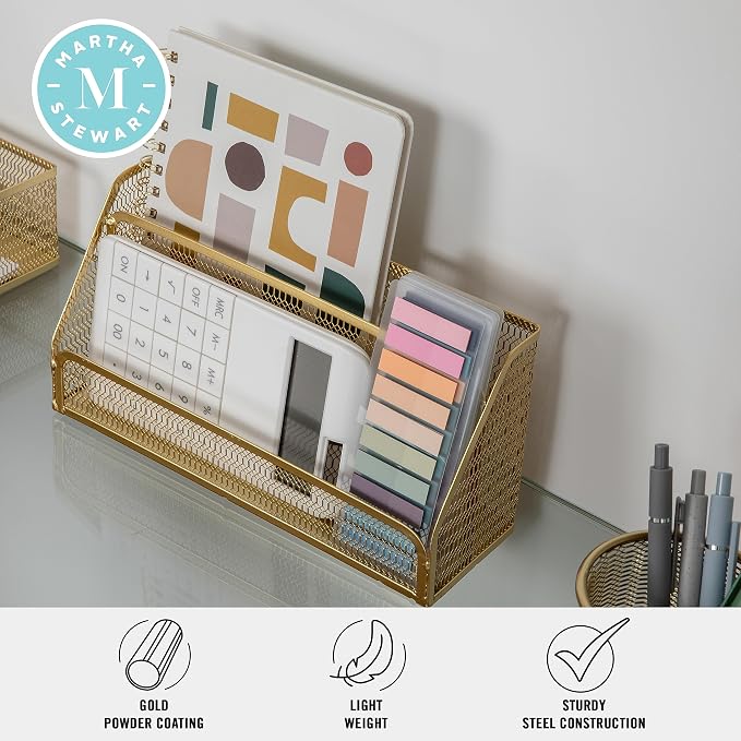 Martha Stewart Ryder 6-Piece Mesh Metal Desktop Organizer Set, Gold | Steel Mesh, Gold Finish