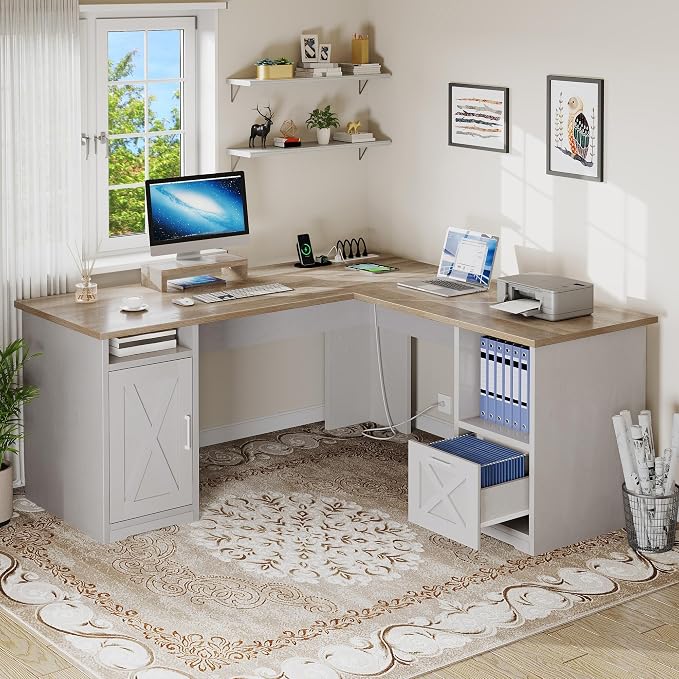 YITAHOME L Shaped Desk with Power Outlets | Computer Corner Desk, File Drawer, Monitor Stand & Storage Shelves, File Cabinet