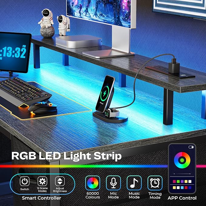 Huuger 55 inch Computer Desk with Power Outlets & 4 Drawers | Gaming Desk with LED Lights, Home Office Desk with Large Storage Space for Bedroom, Work from Home, Grey