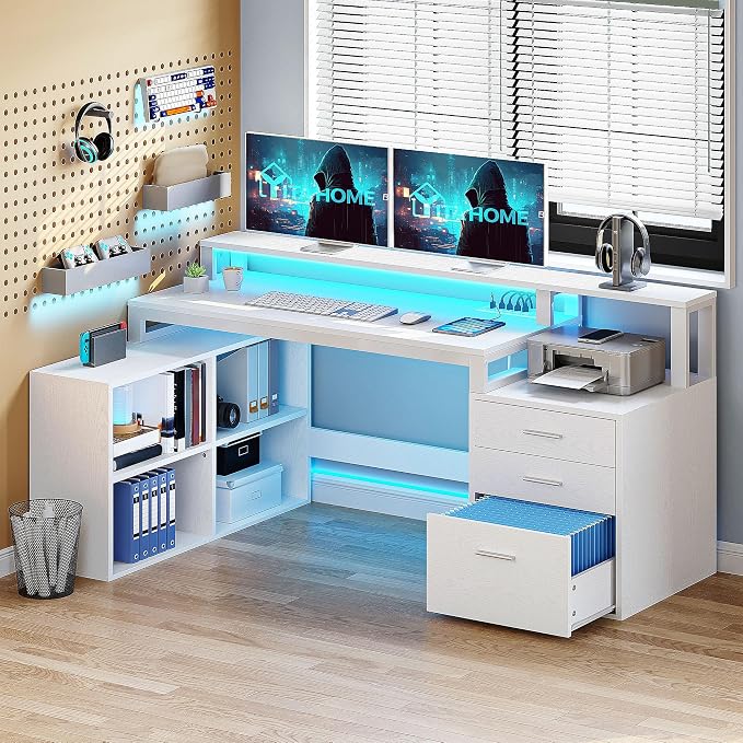 YITAHOME L Shaped Desk with 3 Drawers | 65" Corner Computer Desk with Power Outlets & LED Lights, L-Shaped Desk with File Cabinet & Printer Stand for Home Office