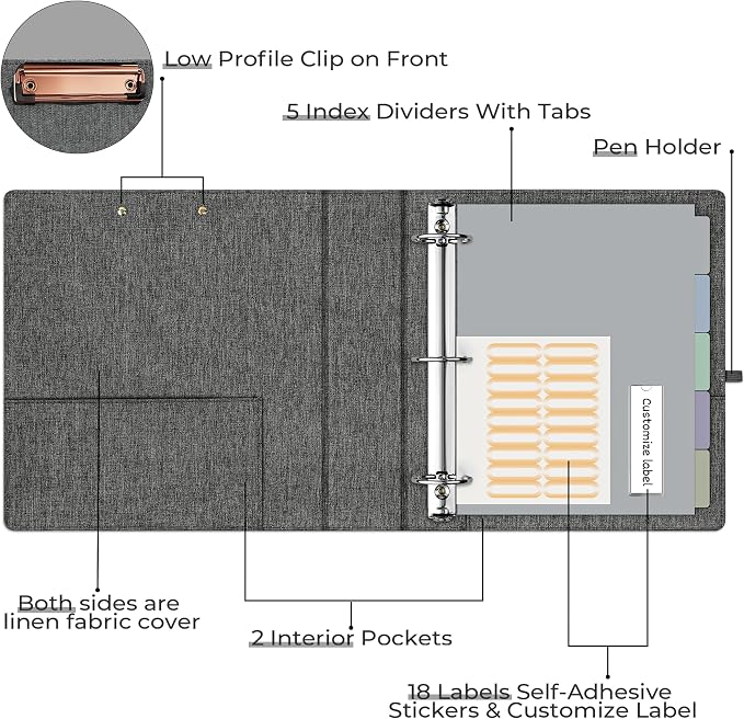 EYROZILL 3 Ring Binder 2 Inch, Binder for Letter Size (11" x 8.5") with 5 Tab Dividers, File Folder Labels and Low Profile Clipboards, Darkgrey