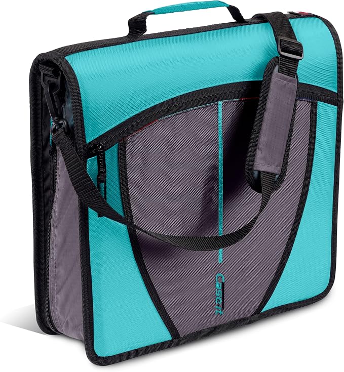 Case-it Zipper Binder | 3-Inch O-Rings | 600-Sheet | D-146 Spearmint Blue | Mighty Zip Tab, 5-Color Tab Expanding File Folder, Multiple Pockets, Shoulder Strap, School & Office