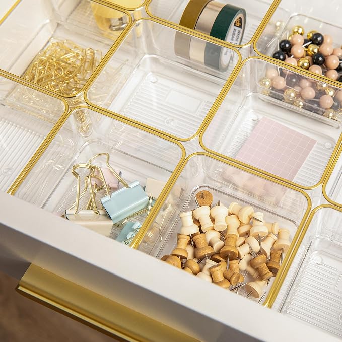 Martha Stewart Kerry Stackable Desk Drawer Organizers, Clear/Gold, 12-Pack | 3x3 in Organizers, Gold Trim, Stackable