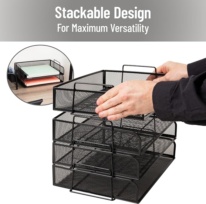 Mind Reader Stackable Paper Tray, Desktop Organizer, File Storage, Office, Metal Mesh, 4 Pcs., Black
