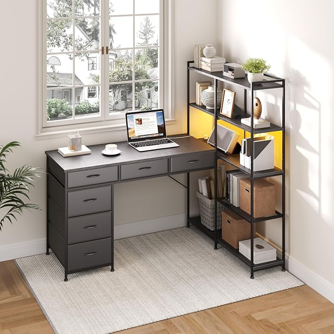 Garvee L Shaped Gaming Computer Desk with 6 Fabric Drawers, Corner Gaming Desk with Open Shelves, Home Office PC Table with Power Outlets & LED Lights, 58.3" l*54.3" h, Black