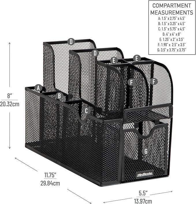 Mind Reader Countertop Organizer, Office Breakroom or Desktop Storage, 10-Compartment Caddy, Metal Mesh, Black