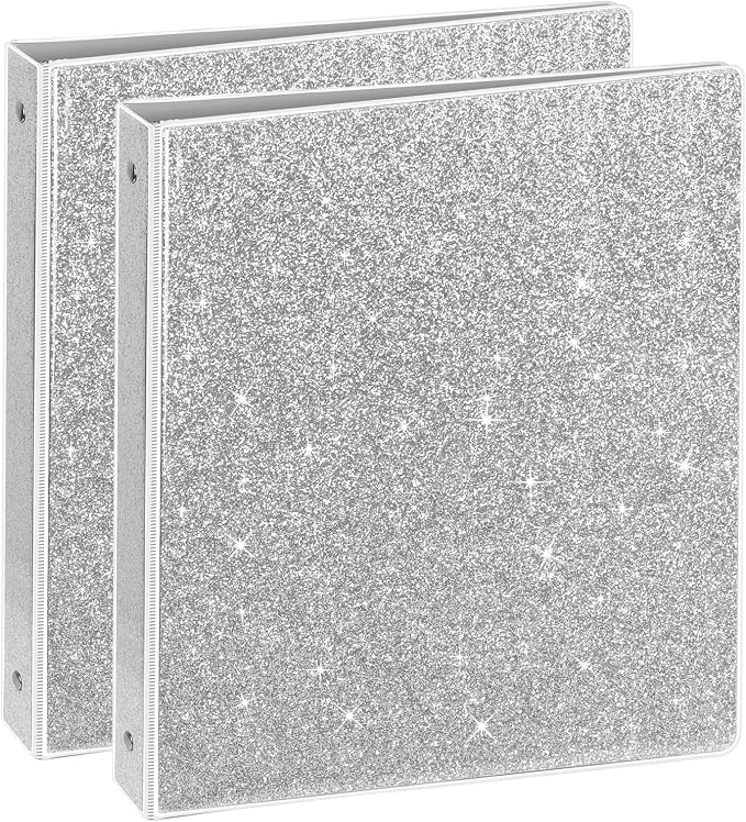 NatureTouch 3 Ring Binder, Glitter 1 Inch Binder Organizer (10.5'' x 11.5'') Holds 8.5’’ x 11’’ Letter Size 300 Pages, Waterproof Durable View Binder, 2 Pack, Silver