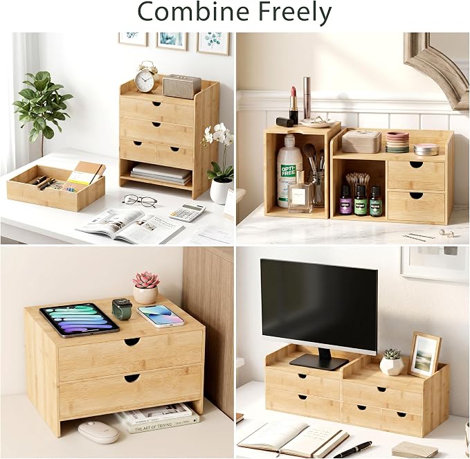 Bamboo Desk Organizer with Drawers, Desktop Storage Box for Office Supplies | 3 Drawers Desktop organizer, No Assembly Required, Natural Wood Wooden Desktop Drawers for Bills, Cosmetics, Seals, Paper