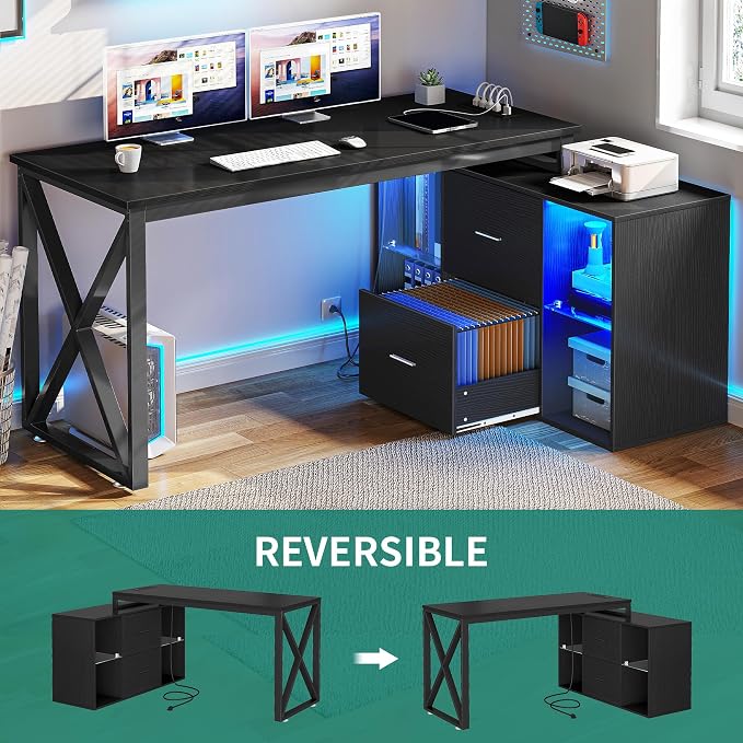 YITAHOME L Shaped Desk with Power Outlets & File Cabinet,55" Reversible Corner Computer Desk with Drawers & LED Lights, L-Shaped Desk with 4 Glass Open Storage Shelves, Black