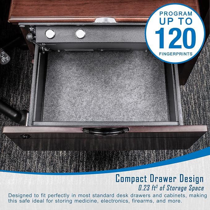 Barska AX11556 Biometric Fingerprint Top Opening Security Drawer Safe Box 0.23 Cubic Ft, Multi, One Size | Biometric fingerprint lock with hydraulic door and steel bolts for firearms, jewelry and documents