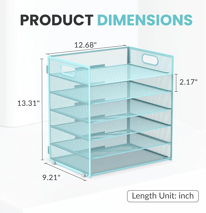 Daltack 6-Tier Paper Organizer for Desk with Handle, Blue, 2 Pack | Sturdy Metal Mesh Organizer with Movable Middle Trays and a Carry Handle for Papers, Folders and Office Supplies