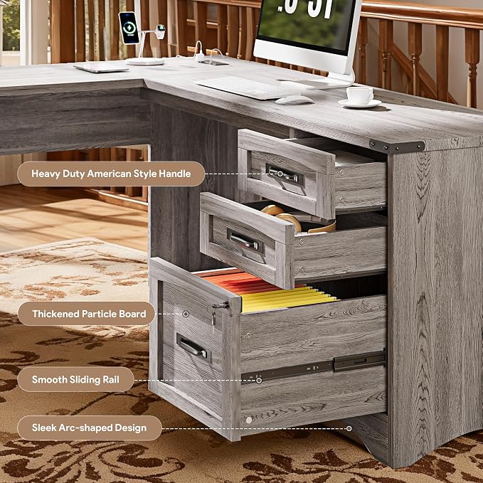 Decofy 67" Farmhouse L Shaped Standing Desk with Drawers Home Office Executive Desks with Fast Charging Station, Lockable File Cabinet, Wood Writing Computer Desk for Work, Study, Grey
