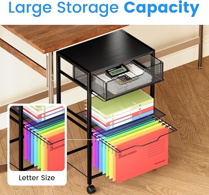 Cawukege 3 Tier Printer Stand, Small Mobile Table with Wheels, Printer Shelf Rolling Cart with Storage Desk Organizer Hanging File for Office Home, Black