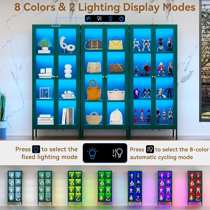 Polup 66" Green Glass Display Cabinet with 8-Color LED for Plants | Metal Frame & Tempered Glass Doors, Motion Sensor LED, 4-Tier Space, 3 Adjustable Shelves, for Indoor Plants & Figures