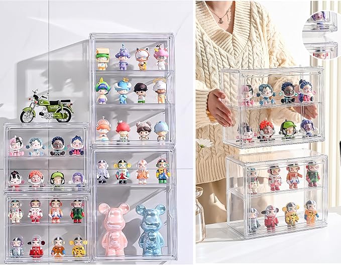 2 Pack Acrylic Display Case, 2/3 Layer Adjustable Figure Display Case, Wall-Mounted Dustproof Showcase for Collectibles Action Figure (2, 3 Tiers)