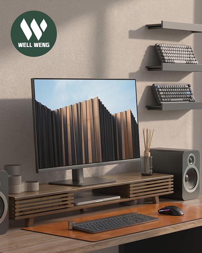 42" Dual Monitor Stand with Sliding Doors Desk Shelf Dark Bamboo | Ergonomic Relief Easy Assembly Solid Construction Cozy Workplace Computer Setup Desk Organizer High Load-bearing