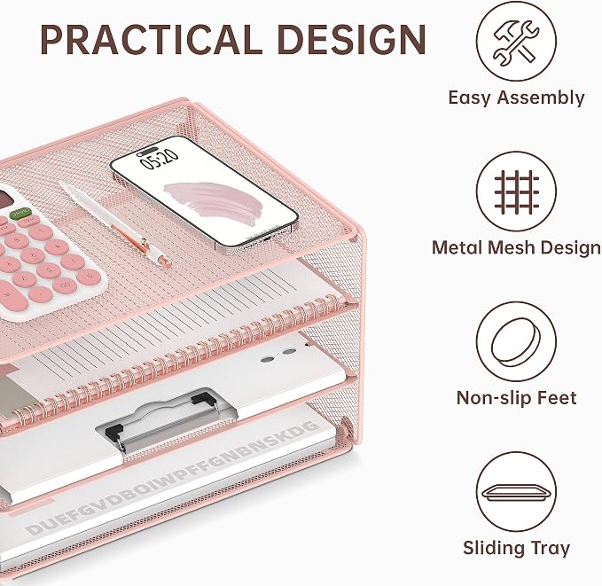 DALTACK 3 Tier Letter Tray Paper Organizer with Sliding Mesh Trays Pink | Metal Mesh File Organizer with Sliding Trays for Letter and A4 Paper, Mail, Bills, Folders and Office Documents