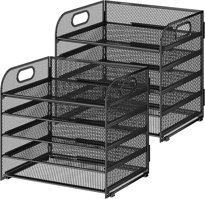 Cawukege 2 Pack 5 Tier Paper Organizer, Letter Tray with Handle, Mesh Desk Organizer, Metal File Organizer, Office Desk Accessories for Home, Office, Classroom, School -Black