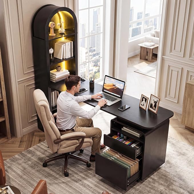 YITAHOME 59" Computer Desk with LED Lights & Power Outlets, Black | Home Office Desk with Bookshelf, File Drawer & Storage Shelves, Gaming Desk with USB Ports, Modern Study Writing Table