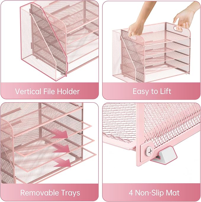 5-Tier Desk Organizer with File Holder, Paper Organizer for Desk, Pink | 5 Letter Trays and Vertical File Holder with Metal Mesh Frame for Papers Folders Books and Mail in Office Home or School